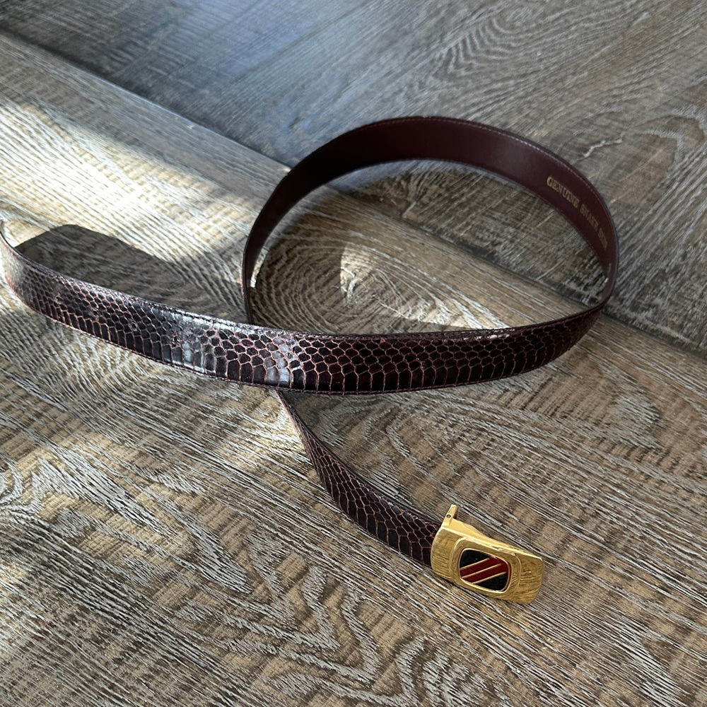 Men's Brown Snakeskin Leather Belt with Gold Accent Buckle M